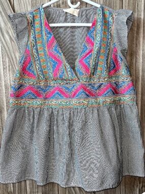 Savanna Jane Embroidered V-Neck Flutter Sleeve Blouse -